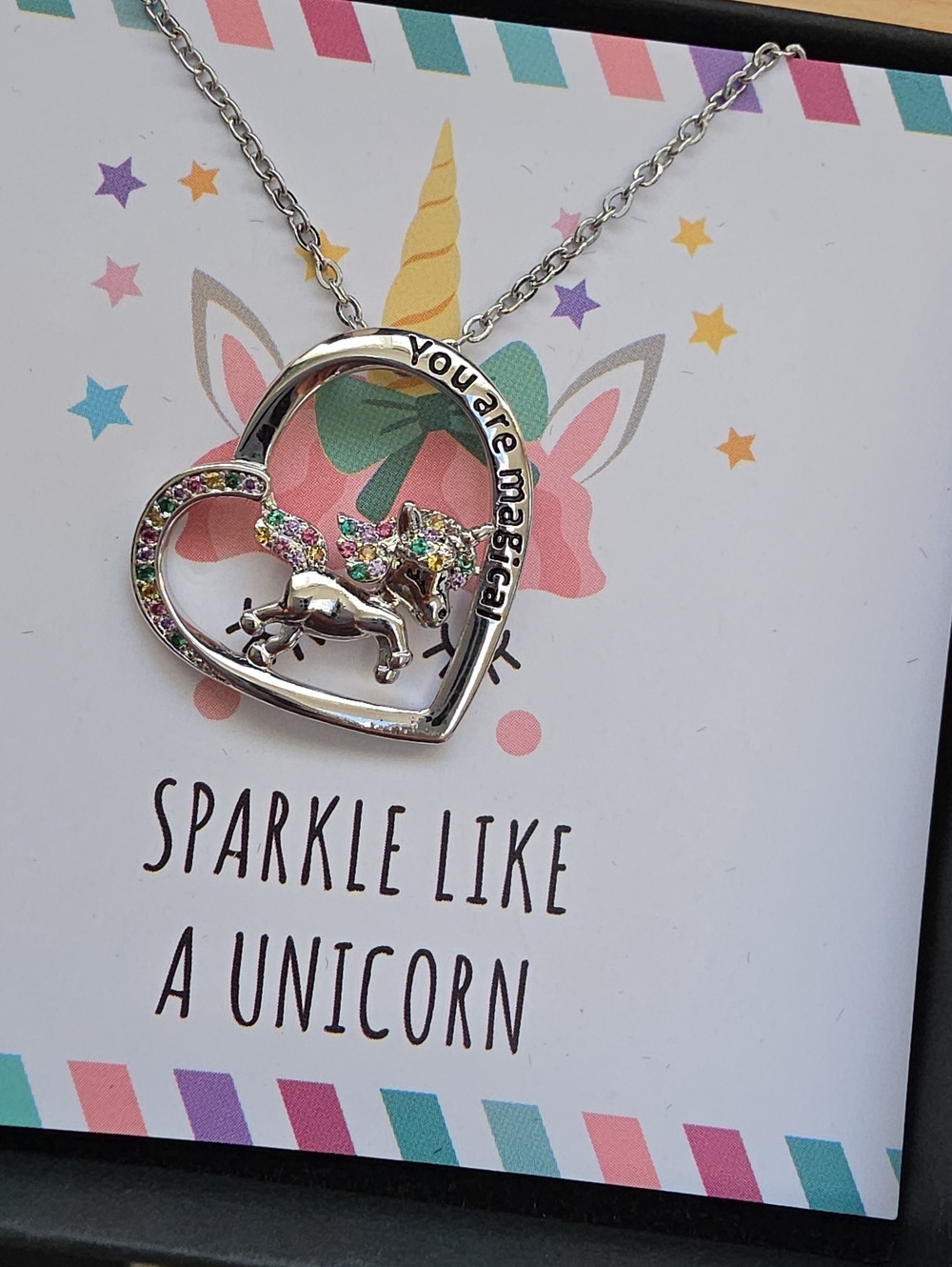 You are magical Heart Unicorn Pendant Necklace - Silver with Rainbow Crystals #7